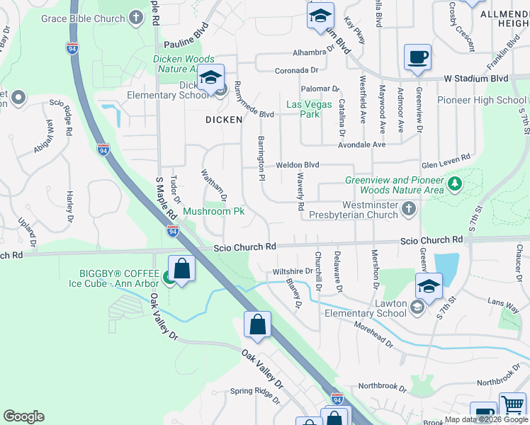 map of restaurants, bars, coffee shops, grocery stores, and more near 1809 Covington Drive in Ann Arbor