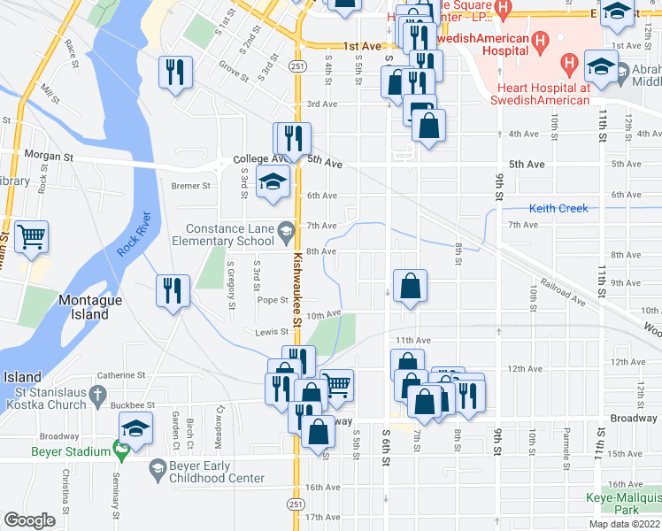 map of restaurants, bars, coffee shops, grocery stores, and more near 911 8th Avenue Court in Rockford