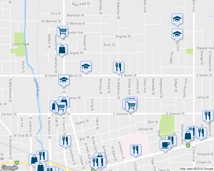 map of restaurants, bars, coffee shops, grocery stores, and more near 726 N State St in Jackson