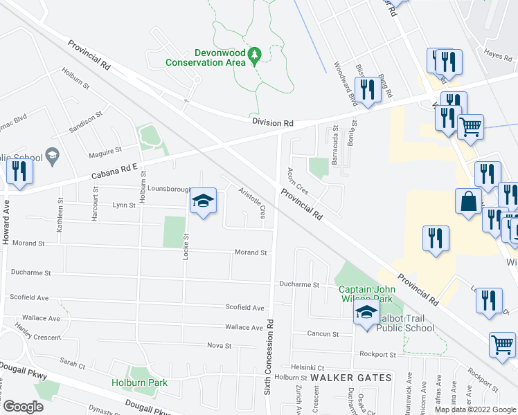 map of restaurants, bars, coffee shops, grocery stores, and more near 3871 Aristotle Crescent in Windsor
