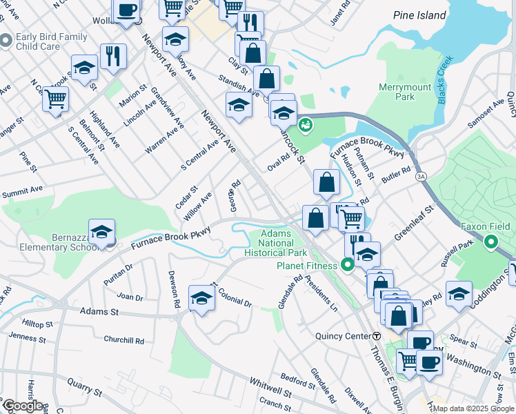 map of restaurants, bars, coffee shops, grocery stores, and more near 15 Morgan Road in Quincy