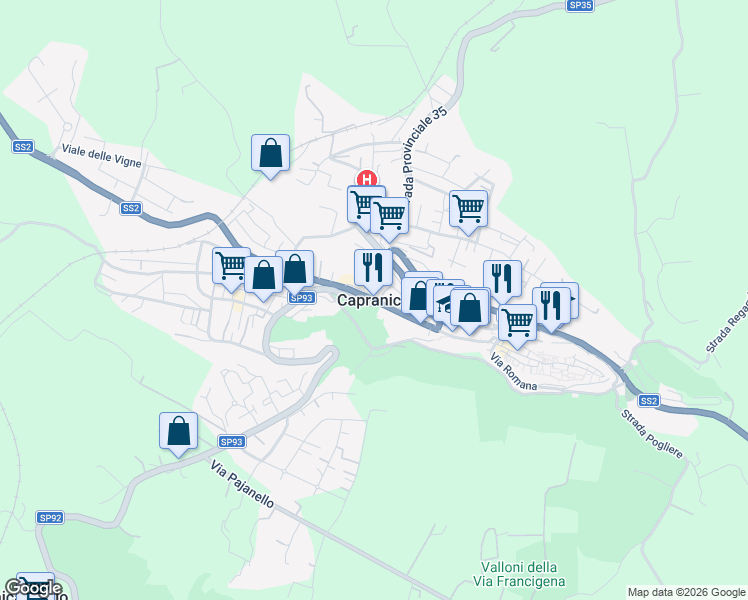 map of restaurants, bars, coffee shops, grocery stores, and more near 15 Viale Nardini in Capranica