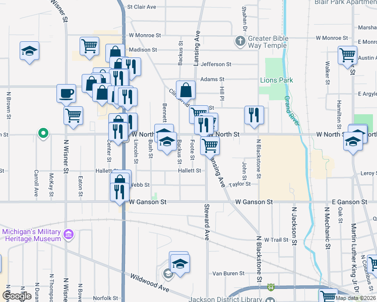 map of restaurants, bars, coffee shops, grocery stores, and more near 827 Backus Street in Jackson