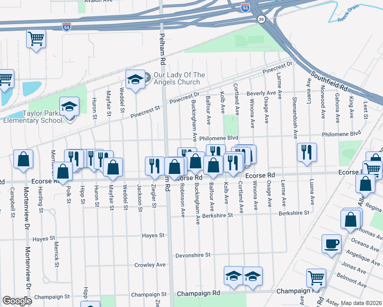 map of restaurants, bars, coffee shops, grocery stores, and more near 6760 Buckingham Avenue in Allen Park