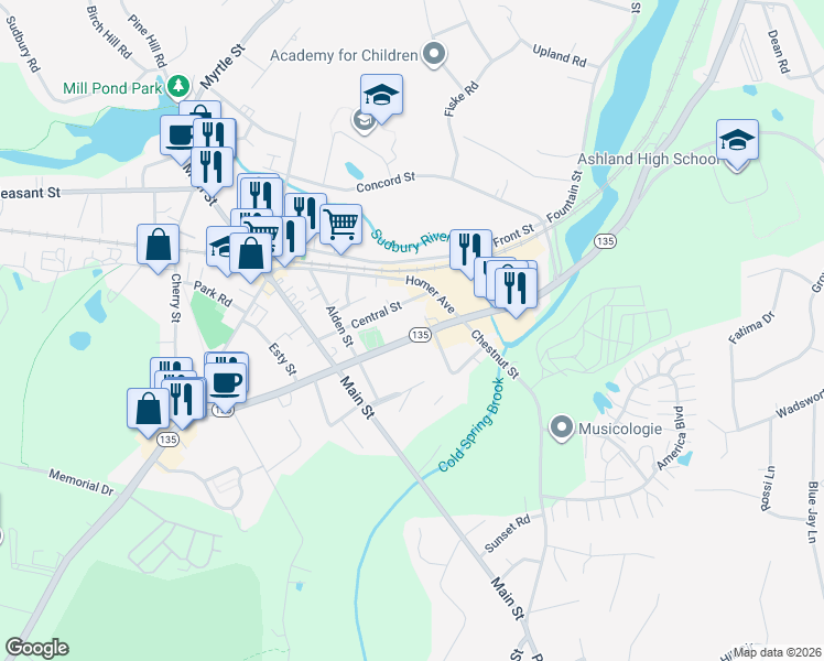 map of restaurants, bars, coffee shops, grocery stores, and more near 171 Union Street in Ashland