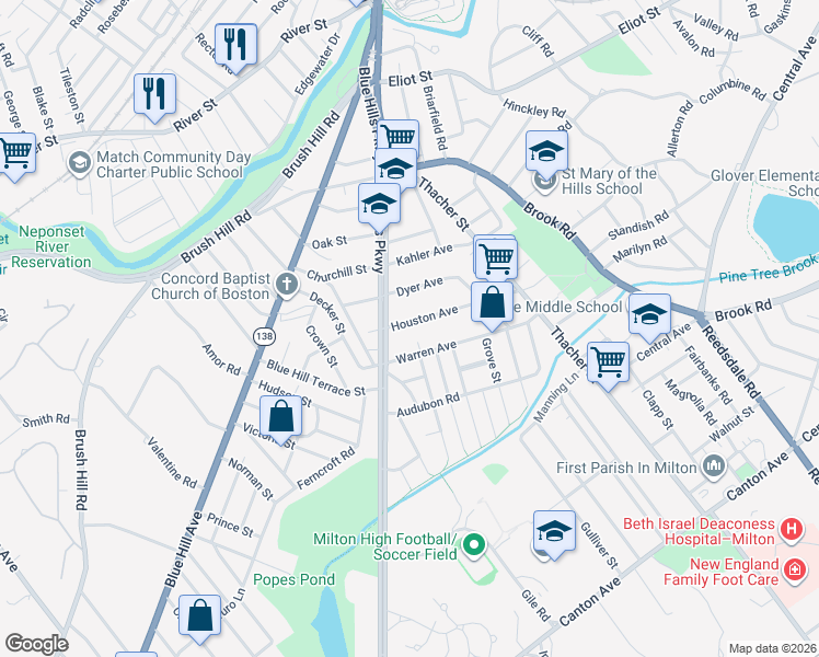 map of restaurants, bars, coffee shops, grocery stores, and more near 19 Houston Avenue in Milton