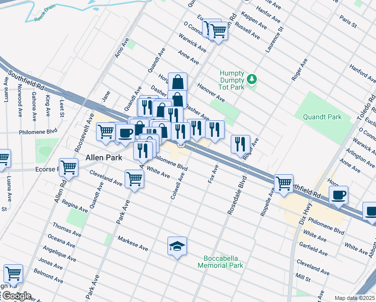map of restaurants, bars, coffee shops, grocery stores, and more near 15201 Southfield Road in Allen Park
