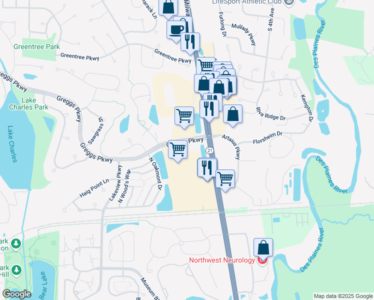 map of restaurants, bars, coffee shops, grocery stores, and more near 1750 North Milwaukee Avenue in Vernon Hills