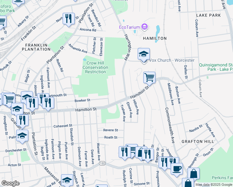 map of restaurants, bars, coffee shops, grocery stores, and more near 8 Gordon Street in Worcester
