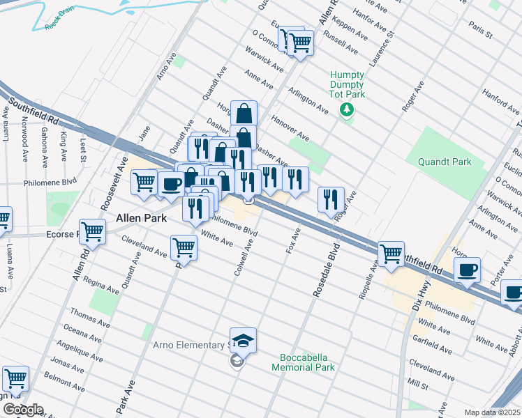 map of restaurants, bars, coffee shops, grocery stores, and more near 15201 Southfield Road in Allen Park