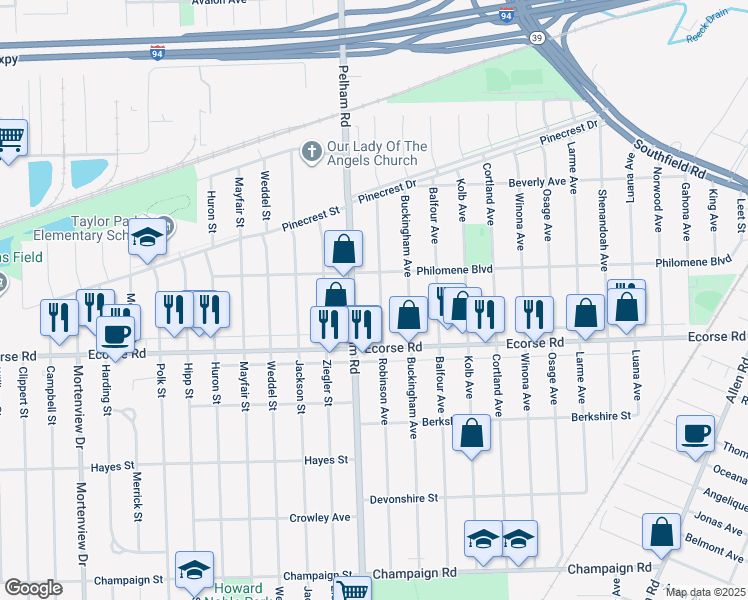 map of restaurants, bars, coffee shops, grocery stores, and more near 6754 Robinson Avenue in Allen Park