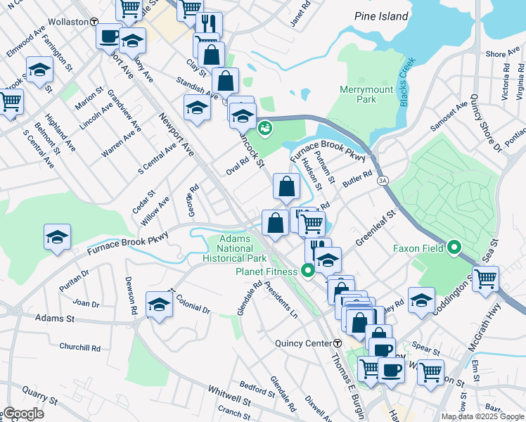 map of restaurants, bars, coffee shops, grocery stores, and more near 421 Furnace Brook Parkway in Quincy