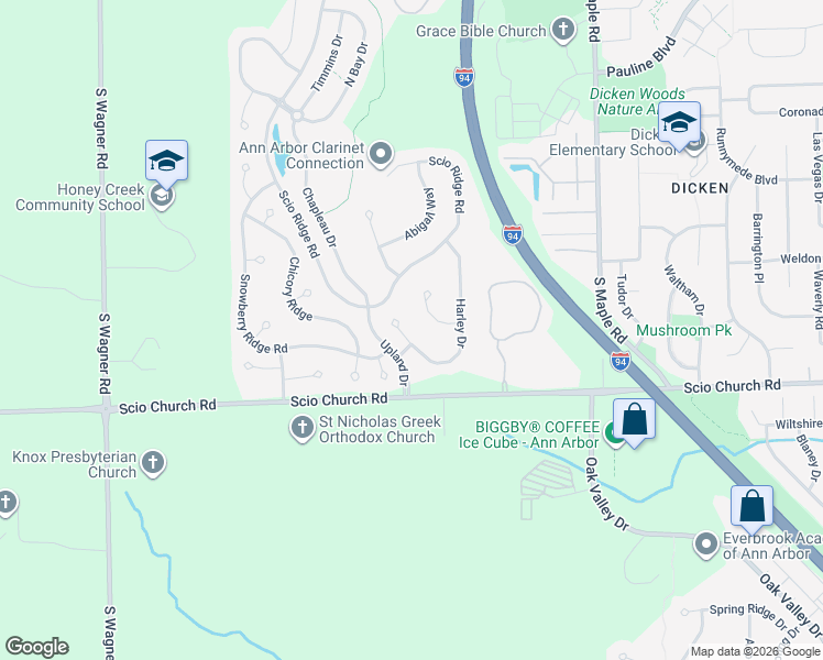 map of restaurants, bars, coffee shops, grocery stores, and more near 1948 Harley Court in Ann Arbor