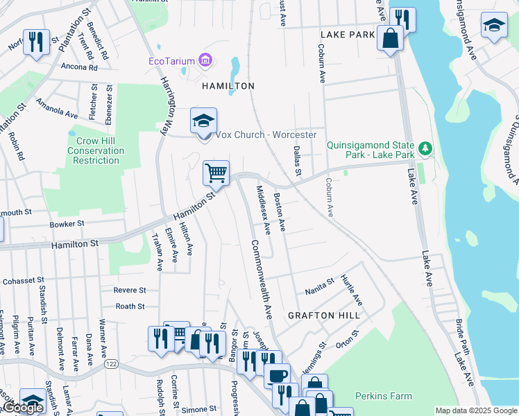map of restaurants, bars, coffee shops, grocery stores, and more near 18 Middlesex Avenue in Worcester