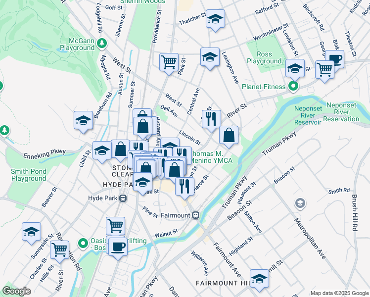 map of restaurants, bars, coffee shops, grocery stores, and more near 1109 River Street in Boston