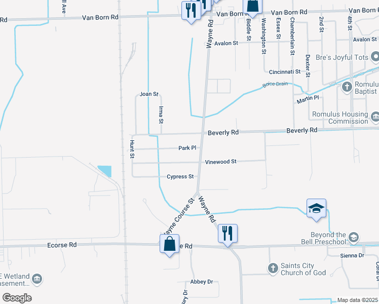 map of restaurants, bars, coffee shops, grocery stores, and more near 35721 Park Place in Romulus
