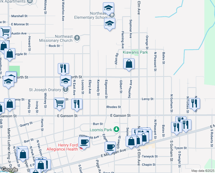 map of restaurants, bars, coffee shops, grocery stores, and more near 727 Edgewood Street in Jackson