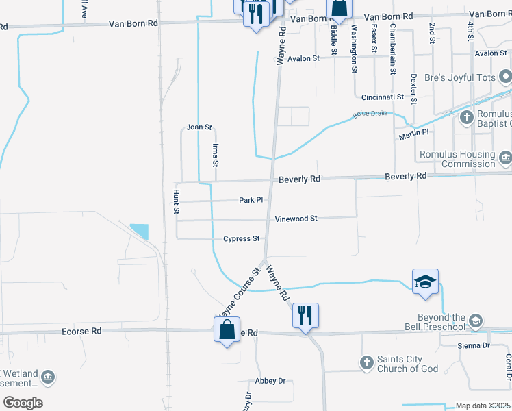 map of restaurants, bars, coffee shops, grocery stores, and more near 35721 Park Place in Romulus