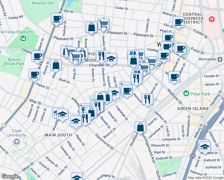 map of restaurants, bars, coffee shops, grocery stores, and more near 5 Preston Street in Worcester