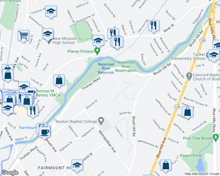 map of restaurants, bars, coffee shops, grocery stores, and more near 188 Beacon Street in Milton