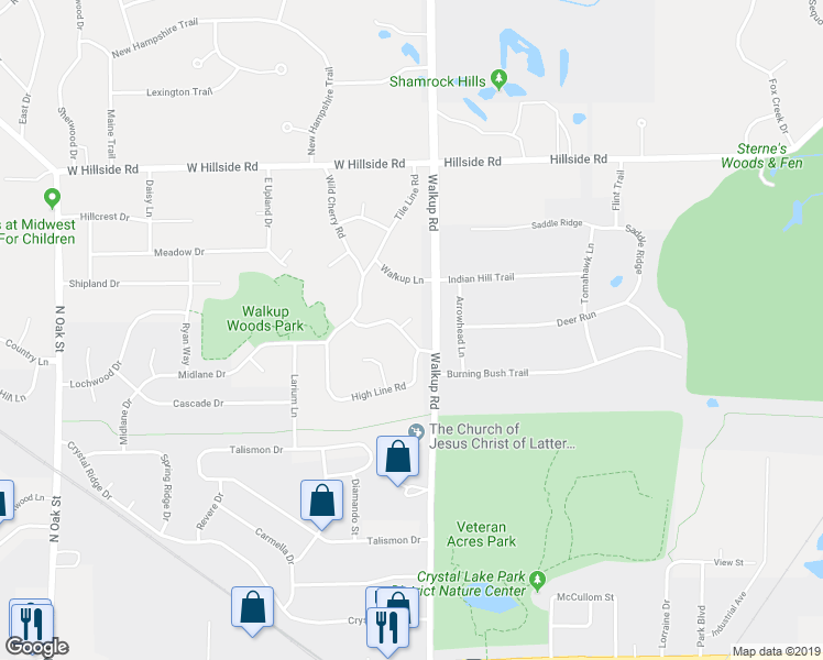 map of restaurants, bars, coffee shops, grocery stores, and more near 6312 Redbird Lane in Crystal Lake