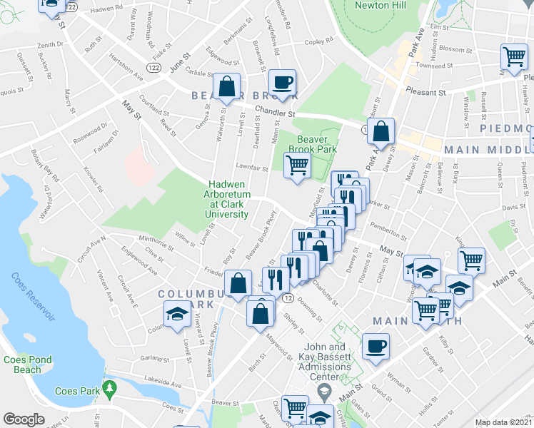 map of restaurants, bars, coffee shops, grocery stores, and more near 54 Beaverbrook Parkway in Worcester