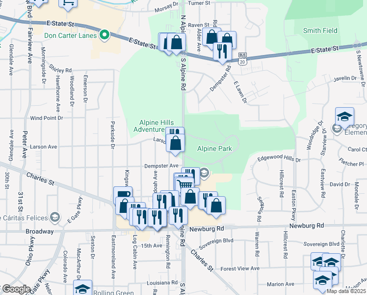 map of restaurants, bars, coffee shops, grocery stores, and more near S Alpine Rd & Larson Ave in Rockford
