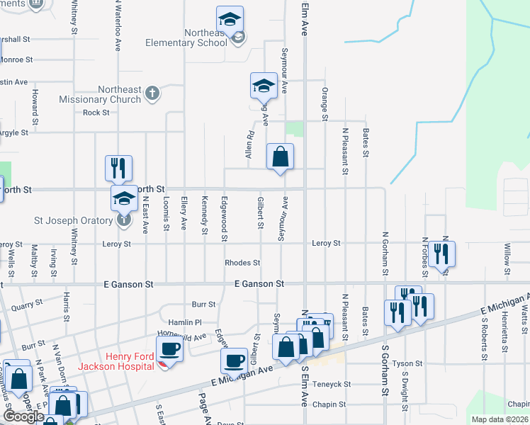 map of restaurants, bars, coffee shops, grocery stores, and more near 623 Gilbert Street in Jackson