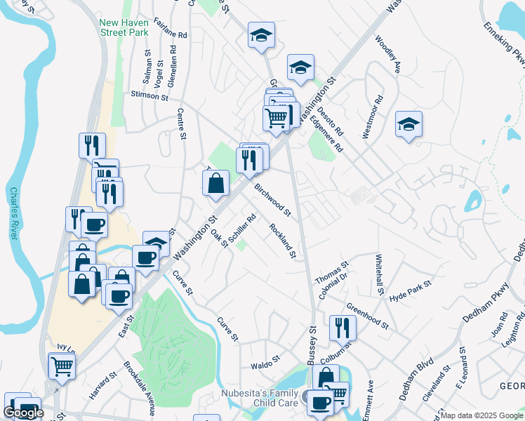 map of restaurants, bars, coffee shops, grocery stores, and more near 36 Rockland Street in Boston