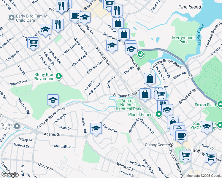 map of restaurants, bars, coffee shops, grocery stores, and more near 59 George Road in Quincy