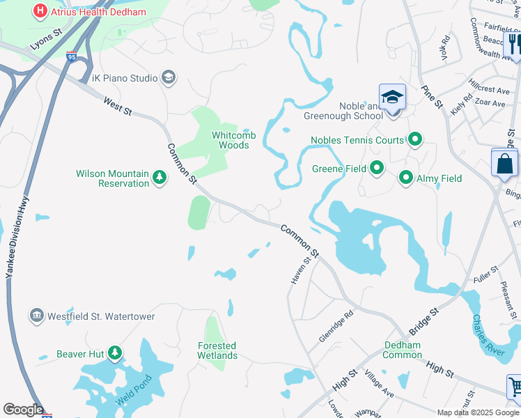 map of restaurants, bars, coffee shops, grocery stores, and more near 269 Common Street in Dedham