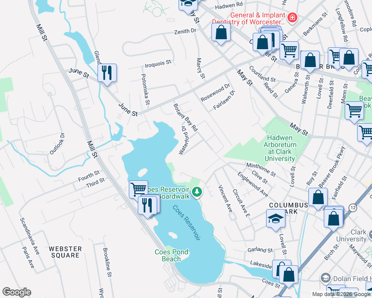 map of restaurants, bars, coffee shops, grocery stores, and more near 41 Waterford Drive in Worcester