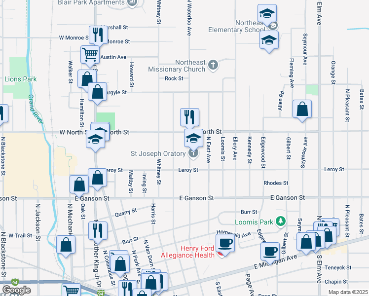 map of restaurants, bars, coffee shops, grocery stores, and more near 730 North Waterloo Street in Jackson