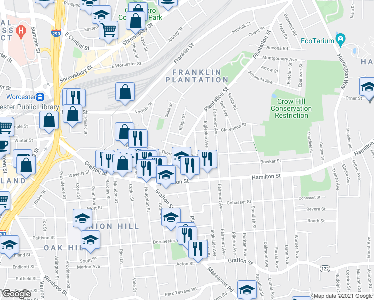 map of restaurants, bars, coffee shops, grocery stores, and more near 102 Plantation Street in Worcester