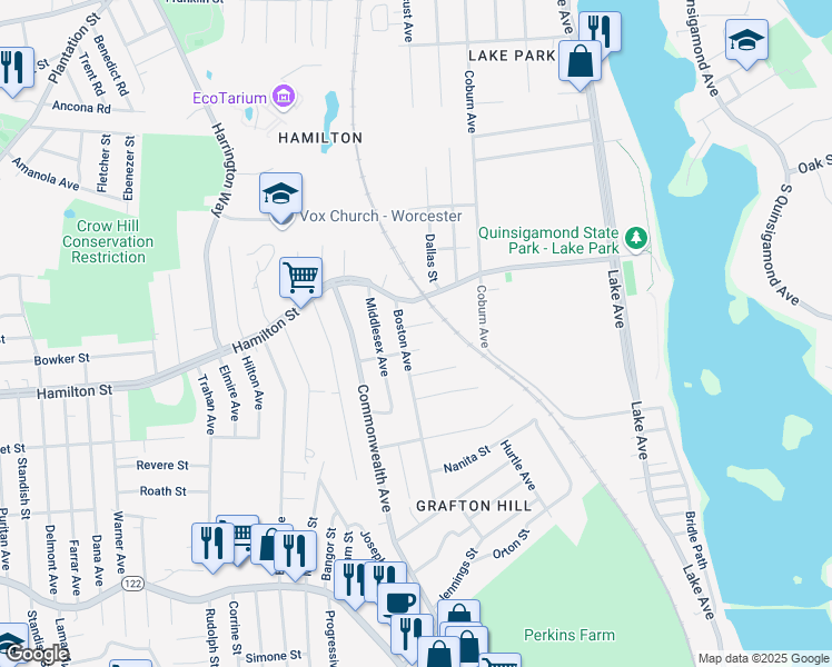 map of restaurants, bars, coffee shops, grocery stores, and more near 5 Elton Street in Worcester