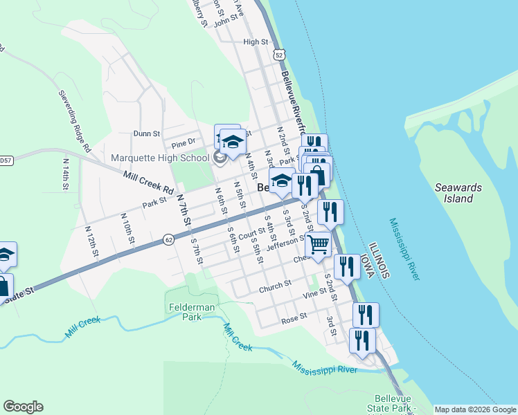 map of restaurants, bars, coffee shops, grocery stores, and more near 101-199 North 5th Street in Bellevue