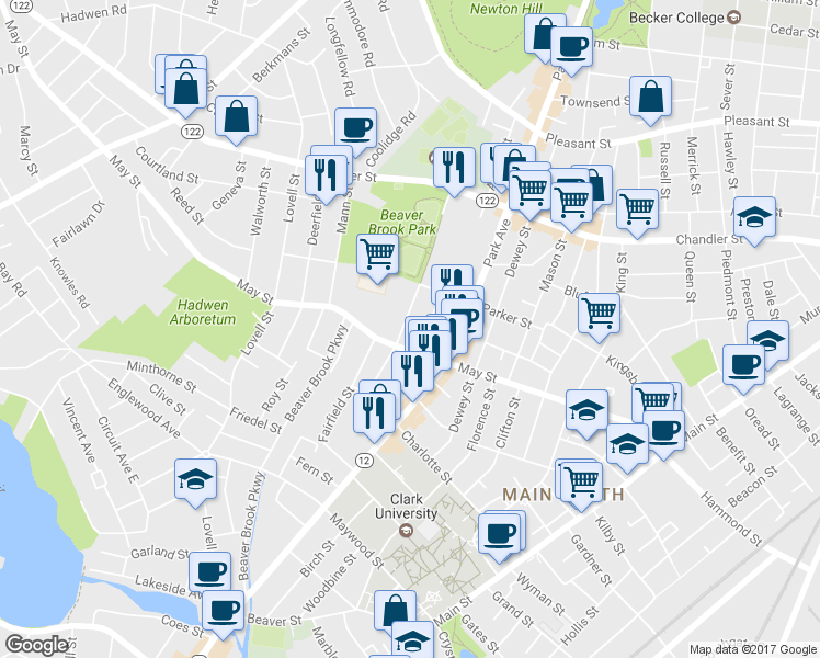map of restaurants, bars, coffee shops, grocery stores, and more near 123 Mayfield Street in Worcester