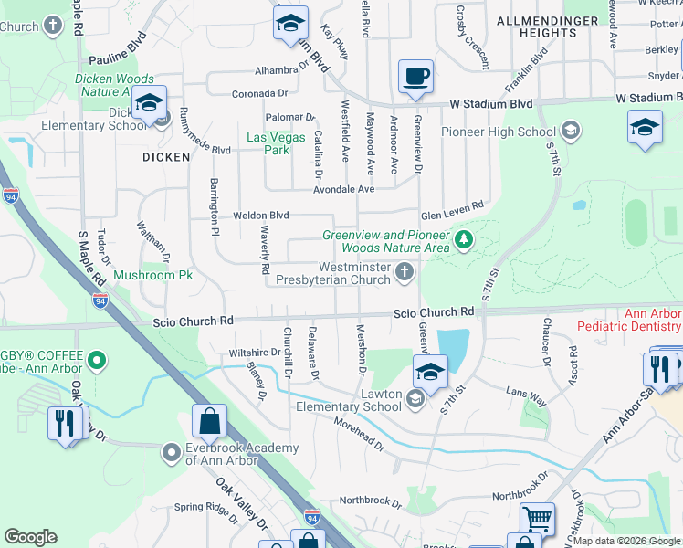 map of restaurants, bars, coffee shops, grocery stores, and more near 1815 Winsted Boulevard in Ann Arbor