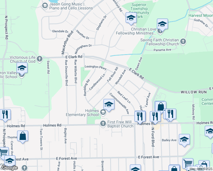 map of restaurants, bars, coffee shops, grocery stores, and more near 1288 Fall River Road in Ypsilanti