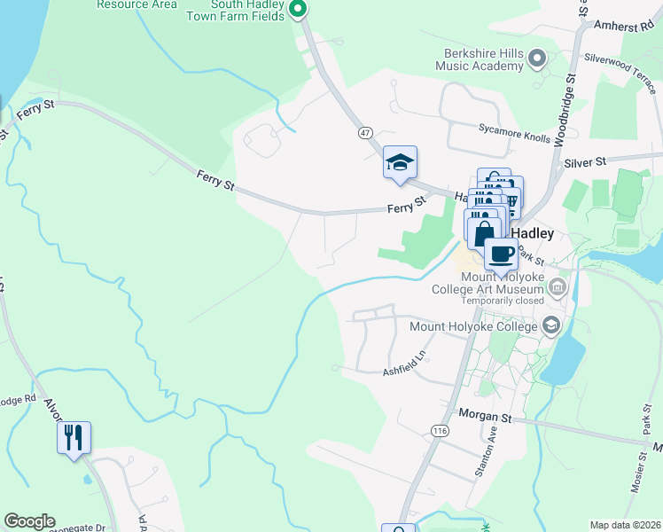 map of restaurants, bars, coffee shops, grocery stores, and more near 1A Hadley Street in South Hadley