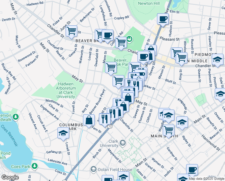 map of restaurants, bars, coffee shops, grocery stores, and more near 100 May Street in Worcester