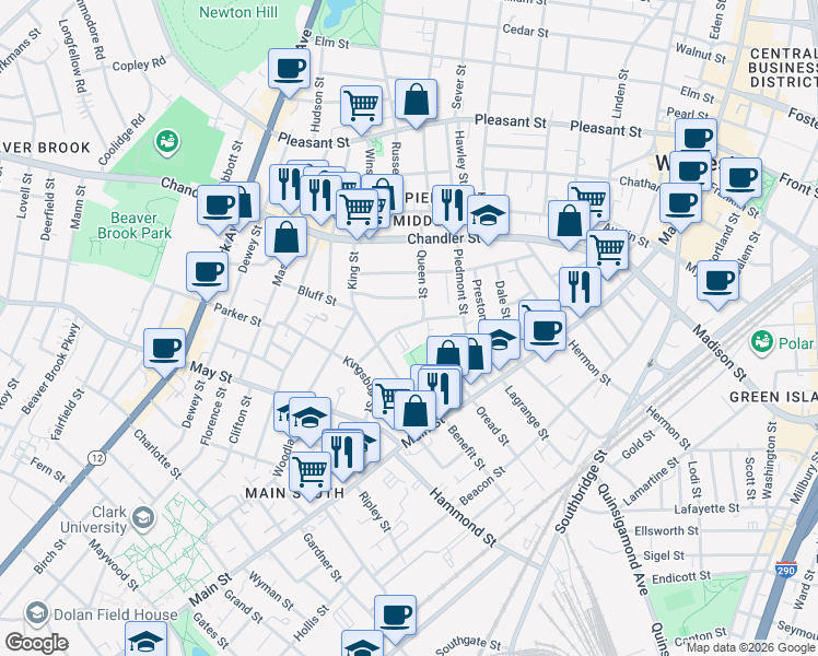 map of restaurants, bars, coffee shops, grocery stores, and more near 39 Queen Street in Worcester