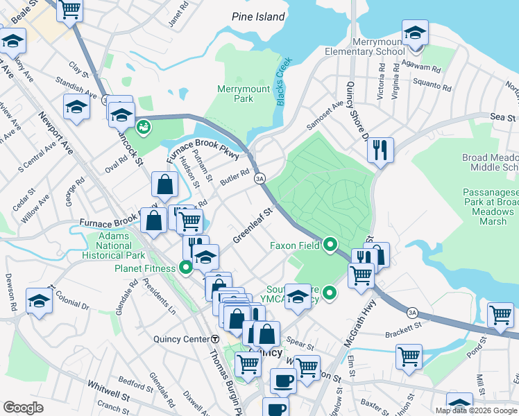 map of restaurants, bars, coffee shops, grocery stores, and more near 112 Greenleaf Street in Quincy