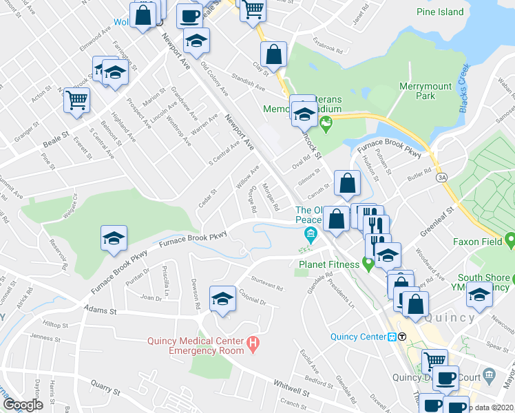 map of restaurants, bars, coffee shops, grocery stores, and more near 59 George Road in Quincy