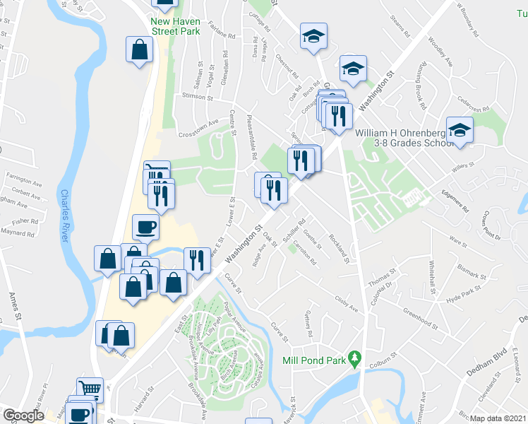 map of restaurants, bars, coffee shops, grocery stores, and more near 5339 Washington Street in Boston