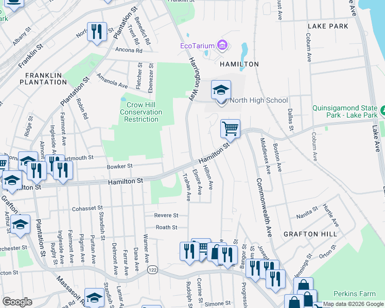 map of restaurants, bars, coffee shops, grocery stores, and more near 6 Harrington Way in Worcester