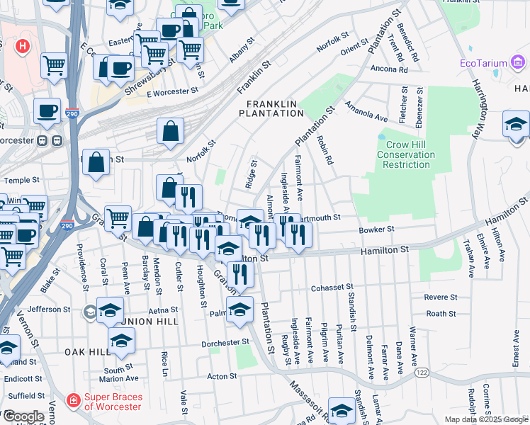 map of restaurants, bars, coffee shops, grocery stores, and more near 102 Plantation Street in Worcester