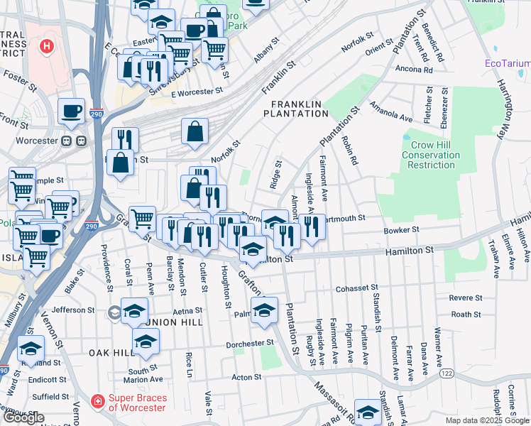 map of restaurants, bars, coffee shops, grocery stores, and more near 101 Plantation Street in Worcester