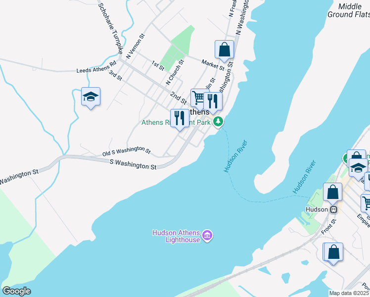 map of restaurants, bars, coffee shops, grocery stores, and more near 29 South Washington Street in Athens