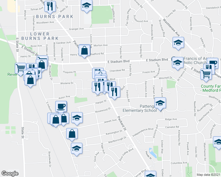 map of restaurants, bars, coffee shops, grocery stores, and more near 1932 Brock Court in Ann Arbor